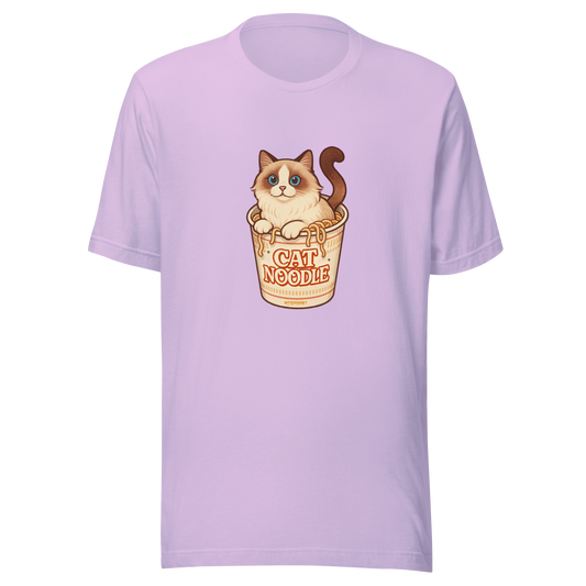Lilac graphic t-shirt featuring a cute cat sitting in a ramen noodle cup, indie playful aesthetic, artist-designed by Bittersweet Illustration.
