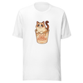 White unisex graphic t-shirt featuring a cute cat sitting in a ramen noodle cup, playful kawaii streetwear style by Bittersweet Illustration.
