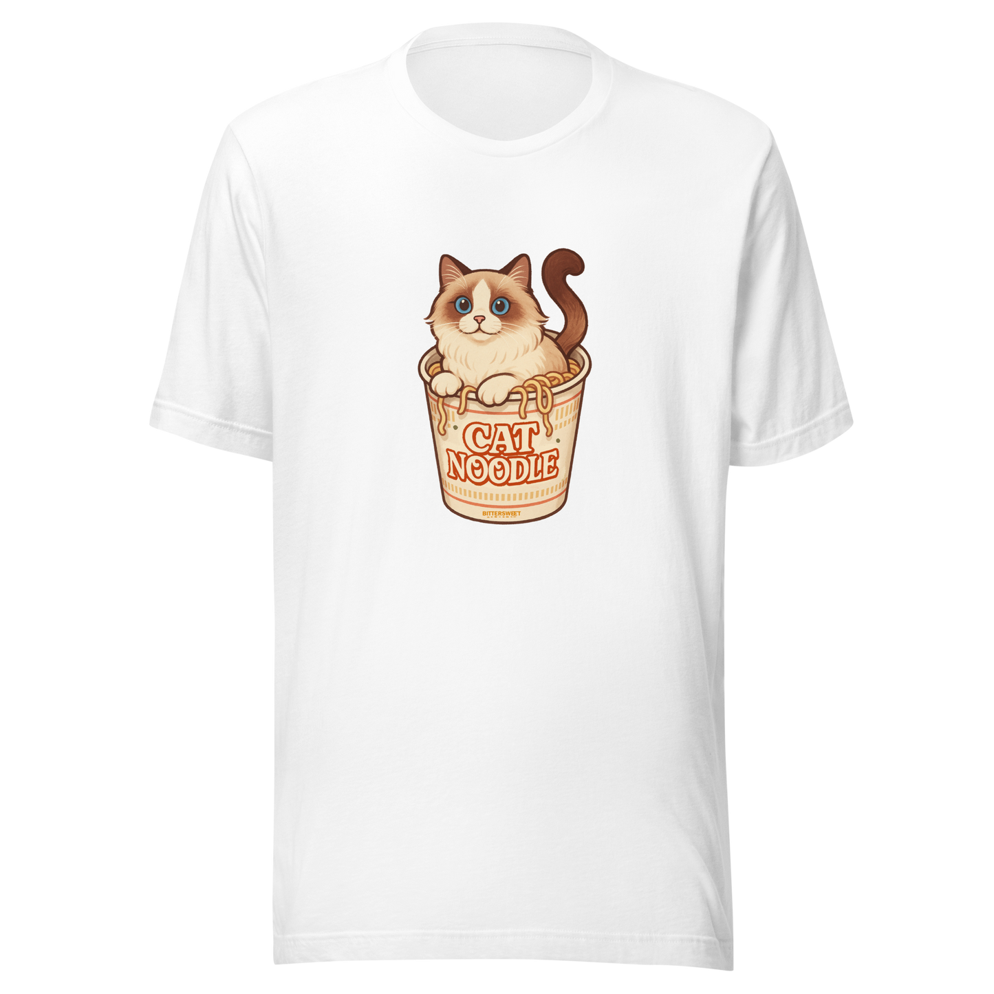 White unisex graphic t-shirt featuring a cute cat sitting in a ramen noodle cup, playful kawaii streetwear style by Bittersweet Illustration.
