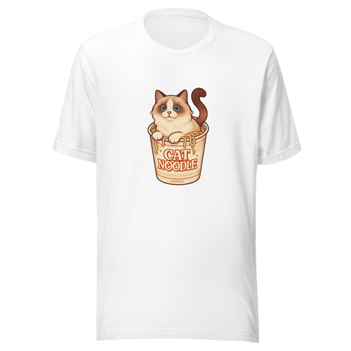 White unisex graphic t-shirt featuring a cute cat sitting in a ramen noodle cup, playful kawaii streetwear style by Bittersweet Illustration.

