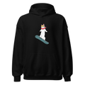 Snowboarding cat graphic hoodie in black, front view