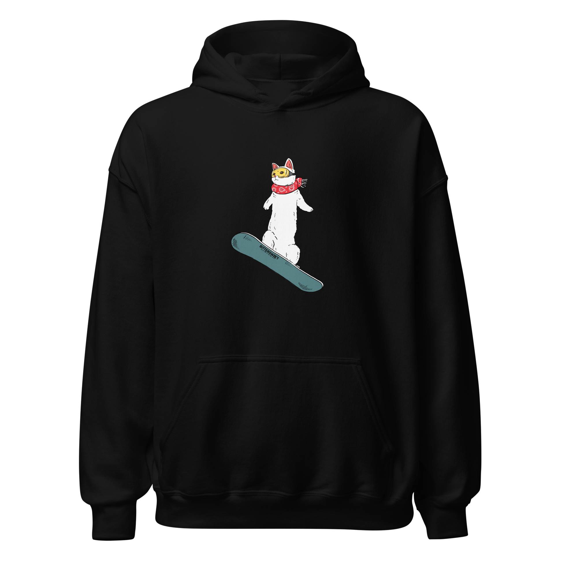 Snowboarding cat graphic hoodie in black, front view