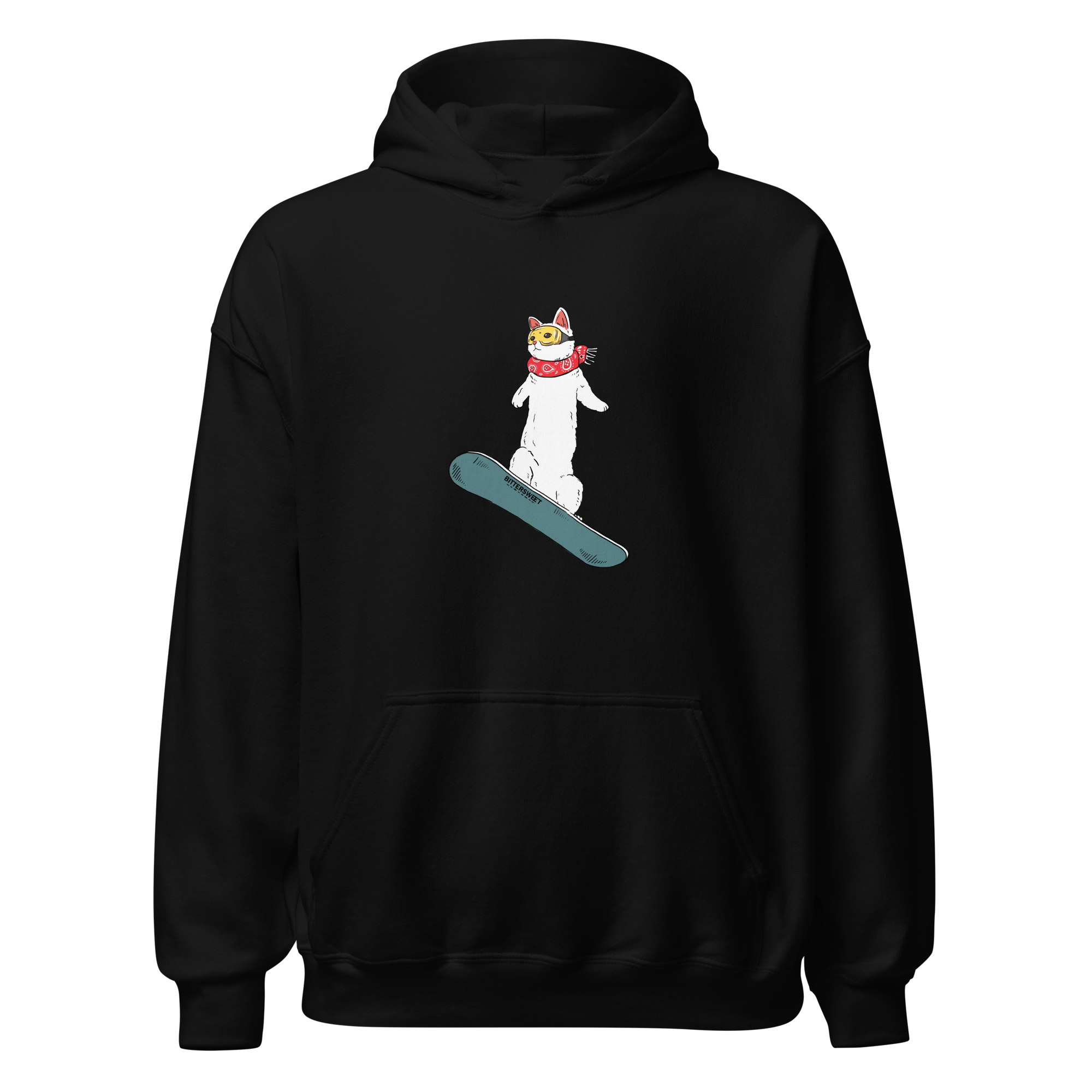 Snowboarding cat graphic hoodie in black, front view