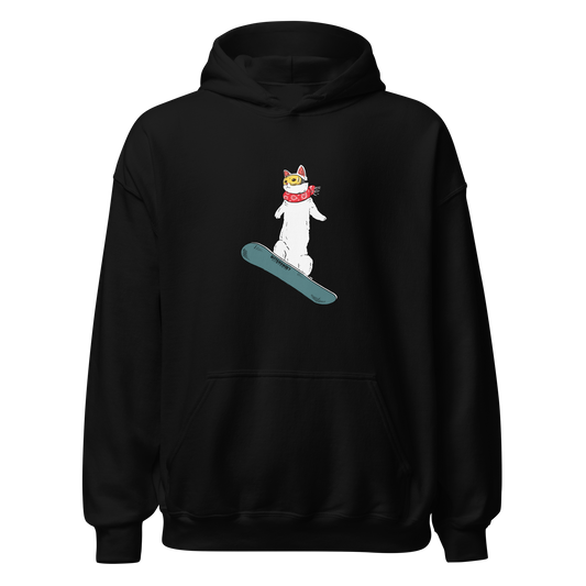 Snowboarding cat graphic hoodie in black, front view