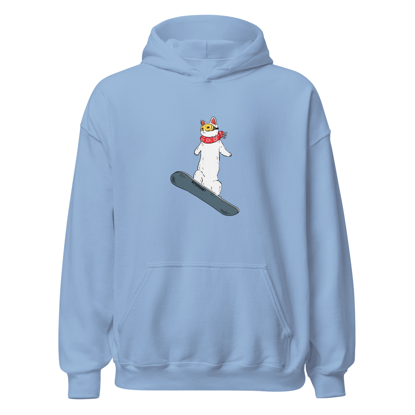 Cozy light blue snowboarding hoodie with cat print, front view