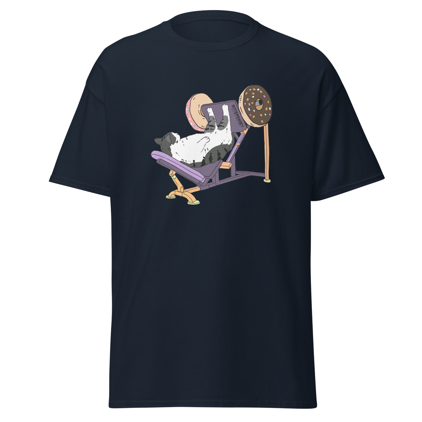Leg day cat graphic tee front view, heavy cotton shirt