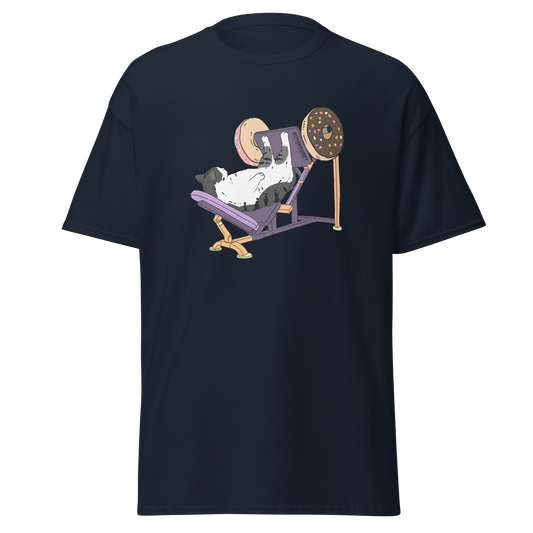 Leg day cat graphic tee front view, heavy cotton shirt