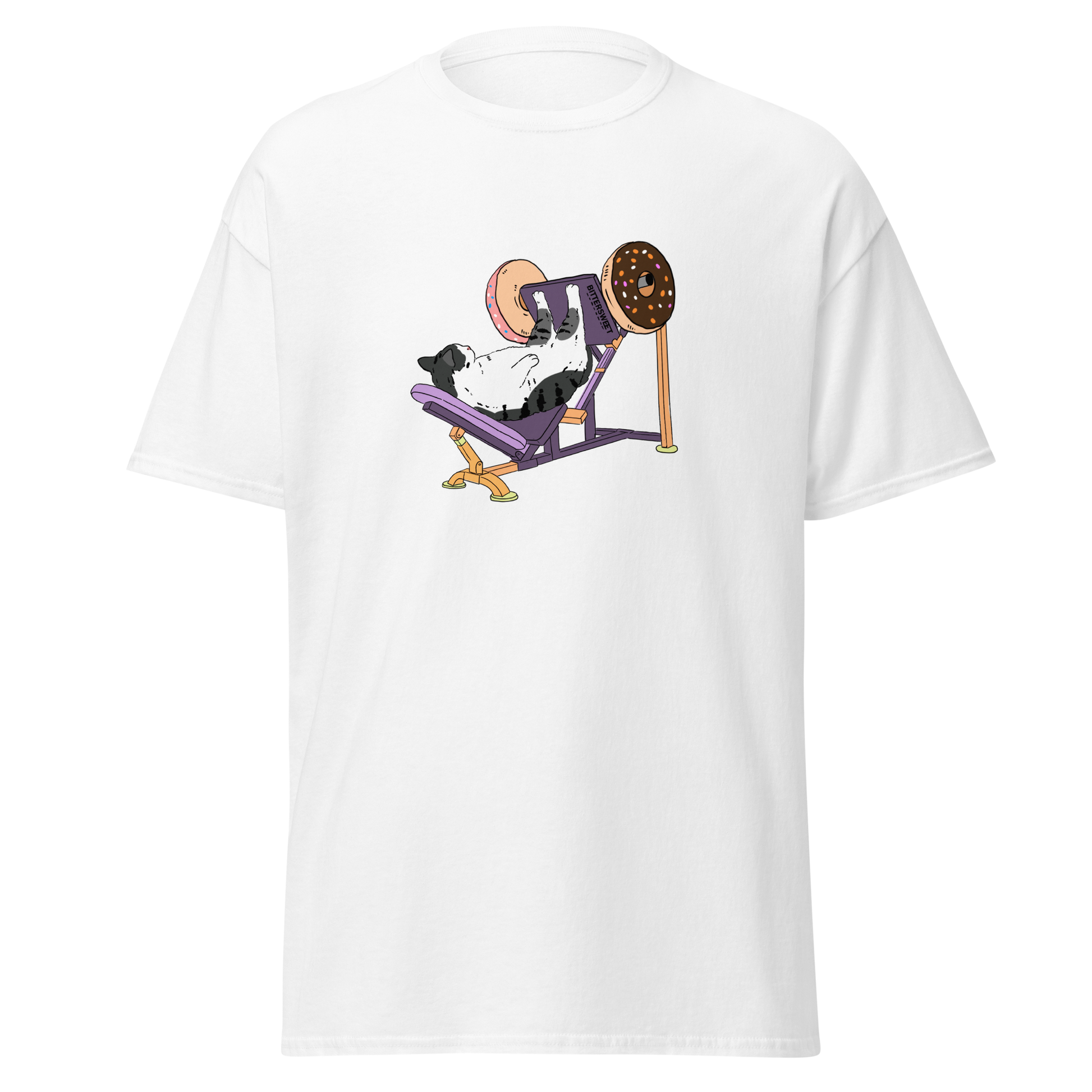 White cat graphic tee for gym lovers front