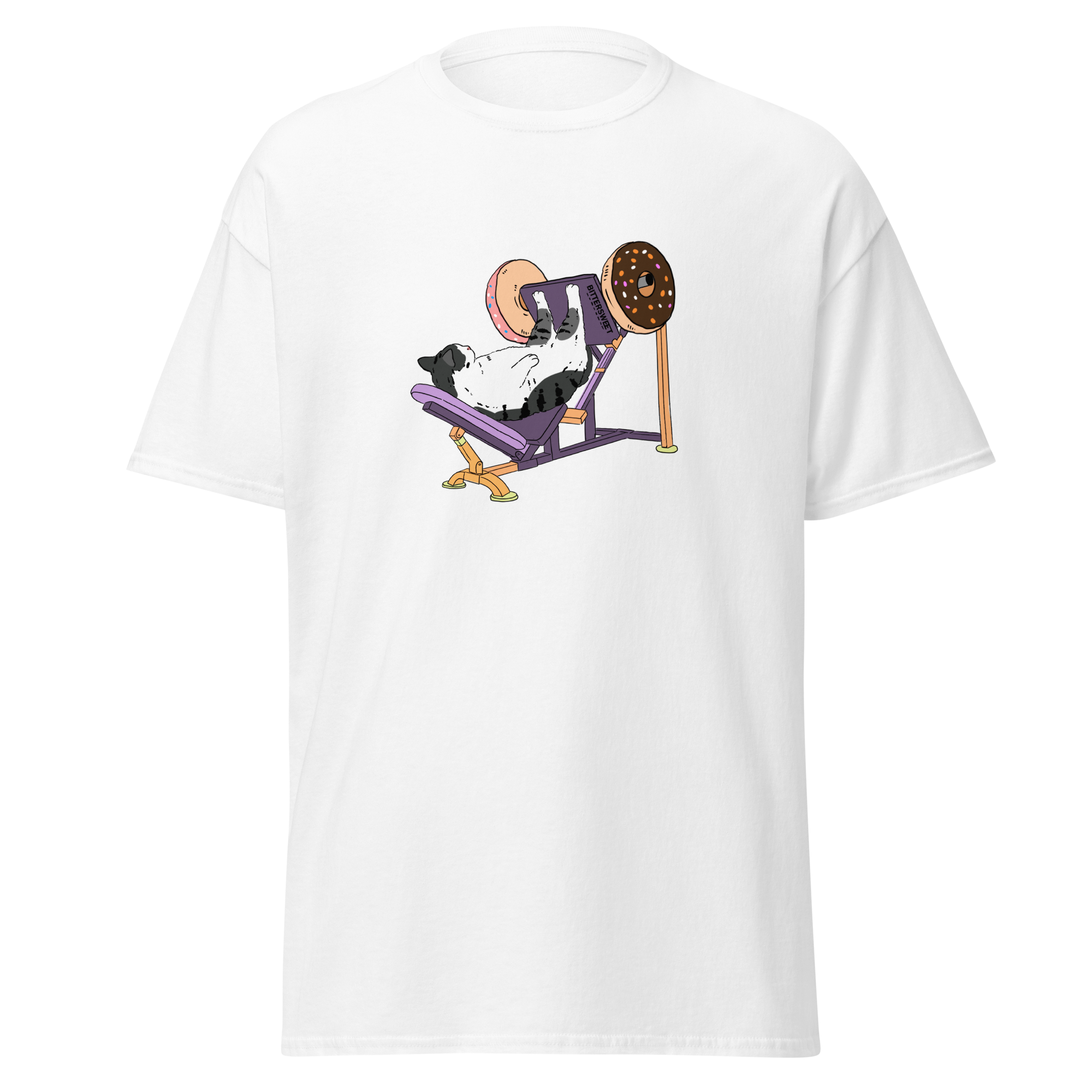White cat graphic tee for gym lovers front