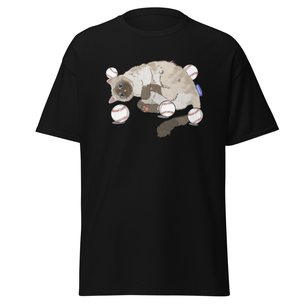Cat Baseball Club Graphic Tee – retro black streetwear t-shirt with cat baseball print by Bittersweet Illustration