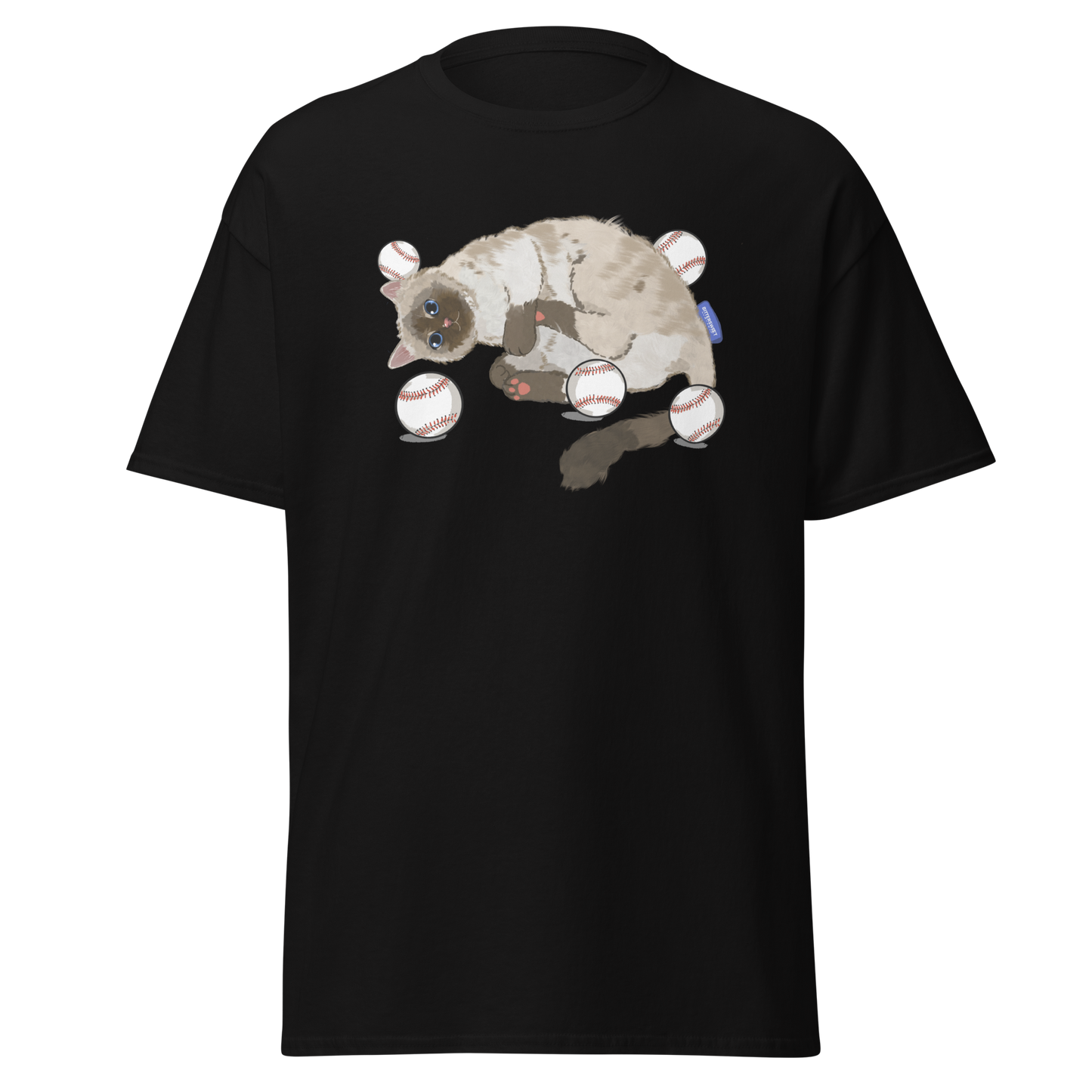 Cat Baseball Club Graphic Tee – retro black streetwear t-shirt with cat baseball print by Bittersweet Illustration