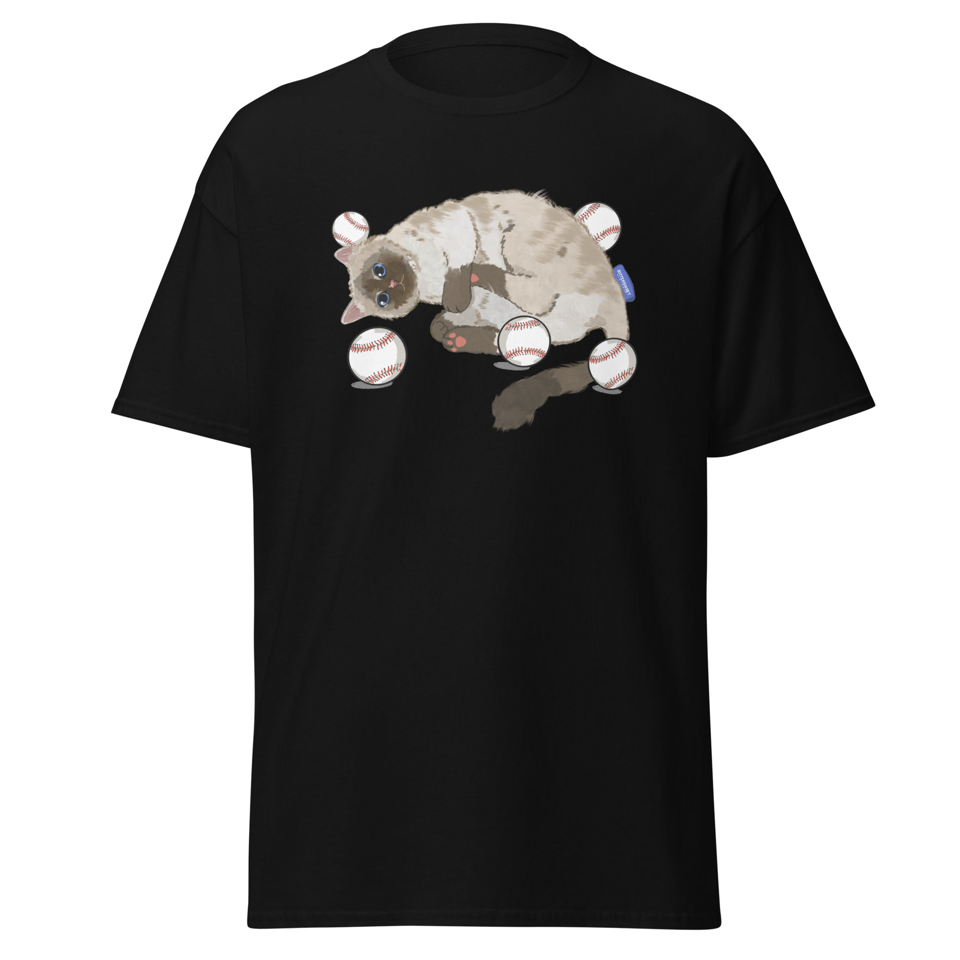 Cat Baseball Club Graphic Tee – retro black streetwear t-shirt with cat baseball print by Bittersweet Illustration