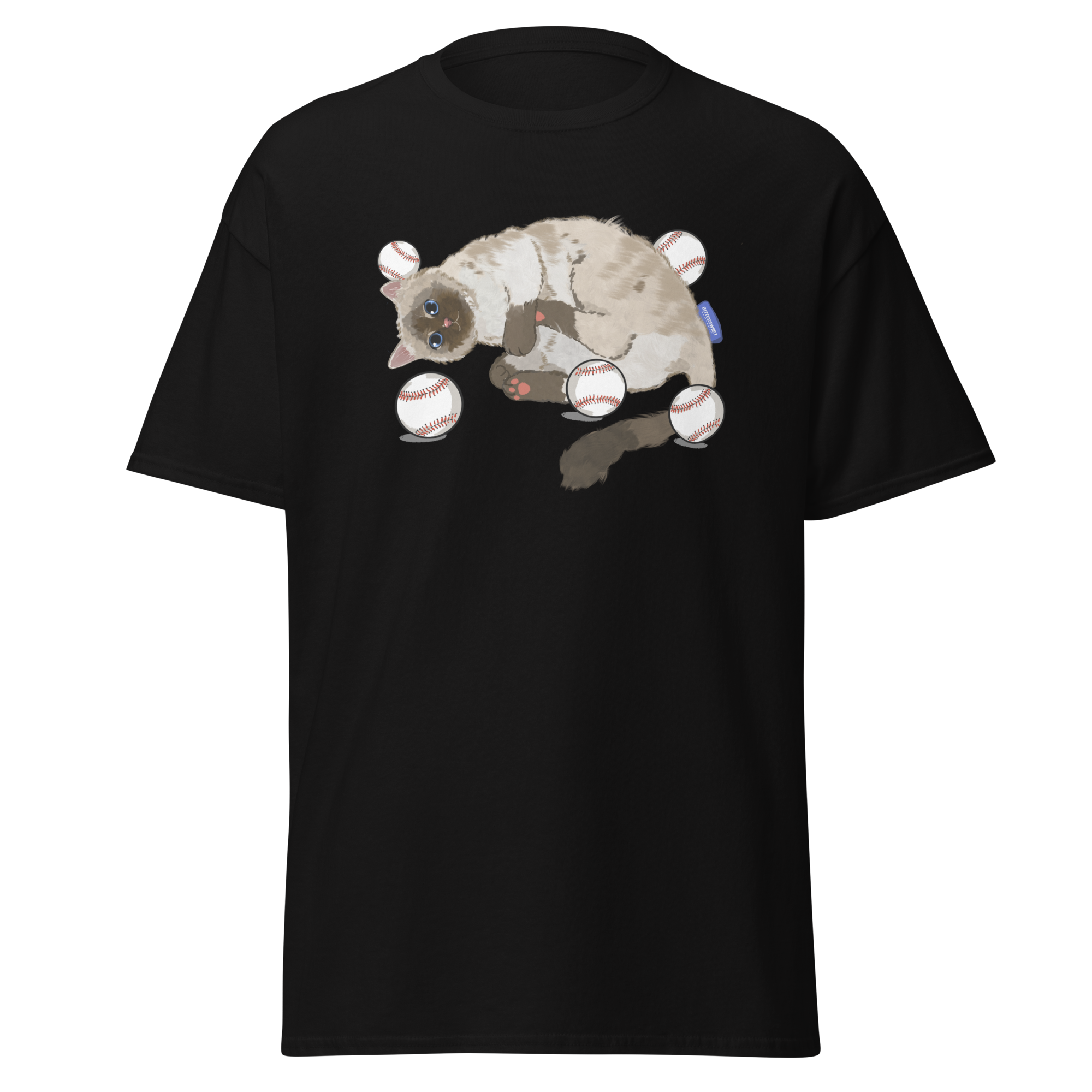 Cat Baseball Club Graphic Tee – retro black streetwear t-shirt with cat baseball print by Bittersweet Illustration