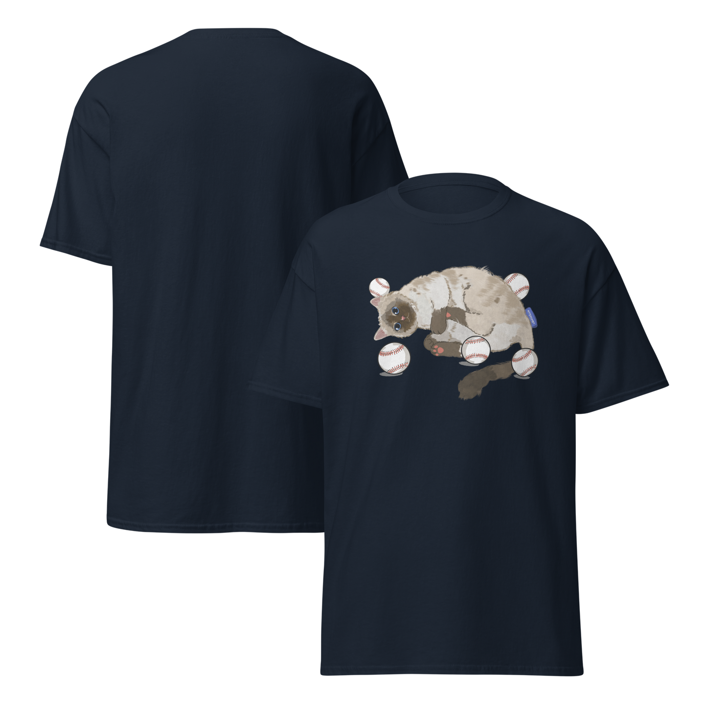 Cat Baseball Club Graphic Tee – navy vintage sport unisex tee with front and back print by Bittersweet Illustration