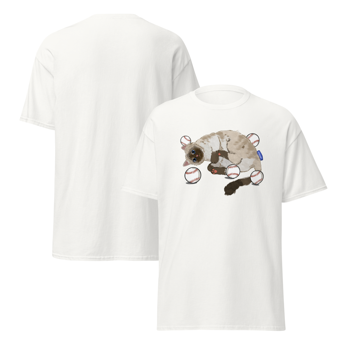 Cat Baseball Club Graphic Tee – white unisex retro streetwear t-shirt with baseball cat design front and back