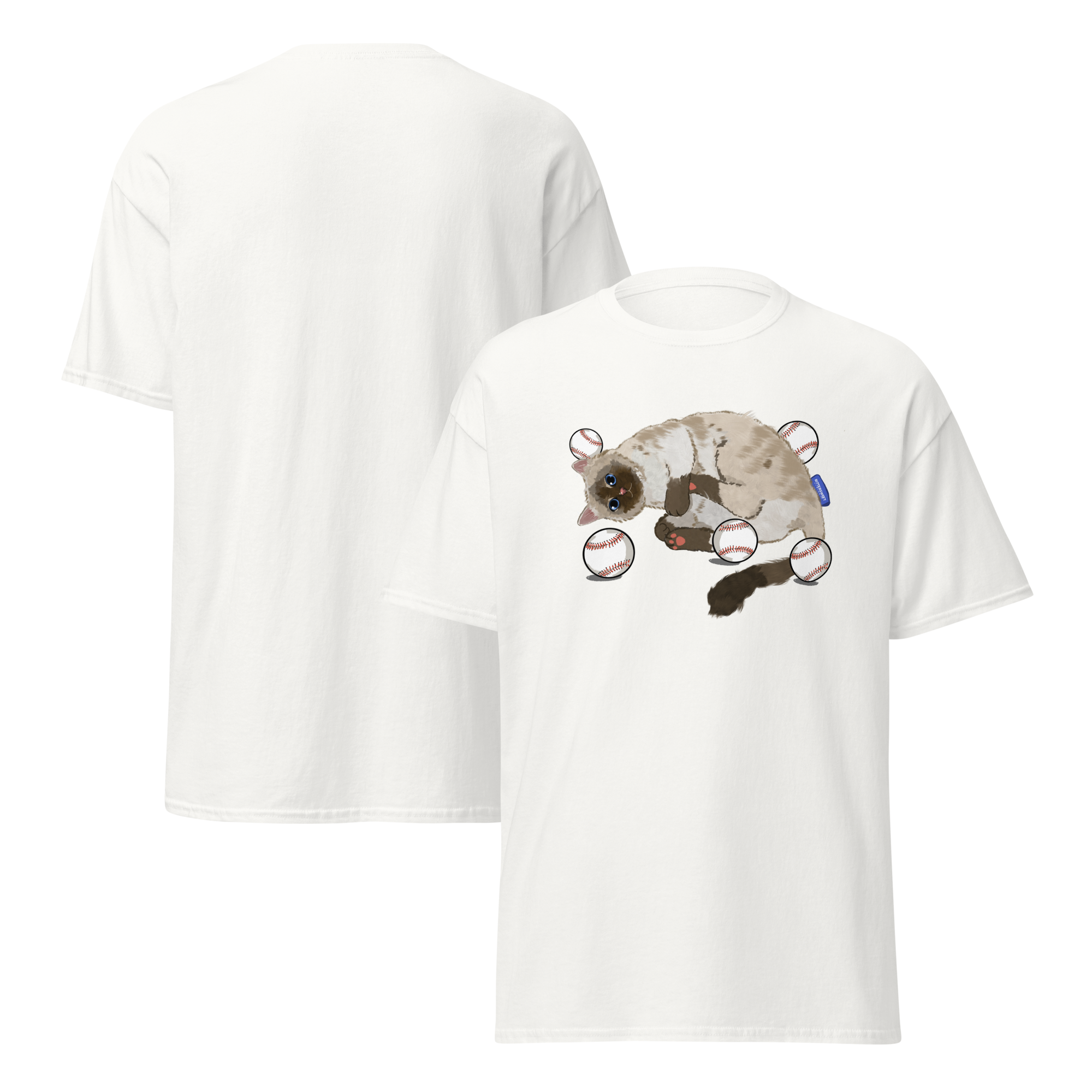 Cat Baseball Club Graphic Tee – white unisex retro streetwear t-shirt with baseball cat design front and back