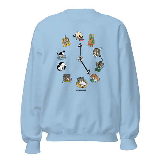 Cat O’Clock cozy sweatshirt in light blue — Bittersweet Illustration