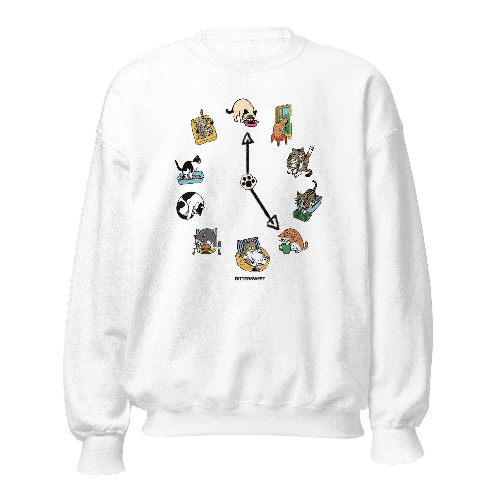 White Cat O’Clock sweatshirt with cute cat graphic
