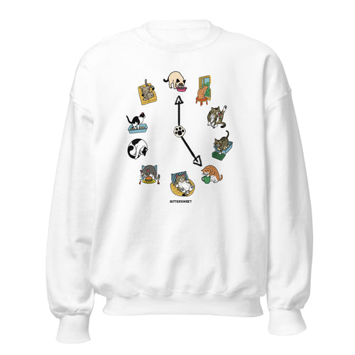 White Cat O’Clock sweatshirt with cute cat graphic