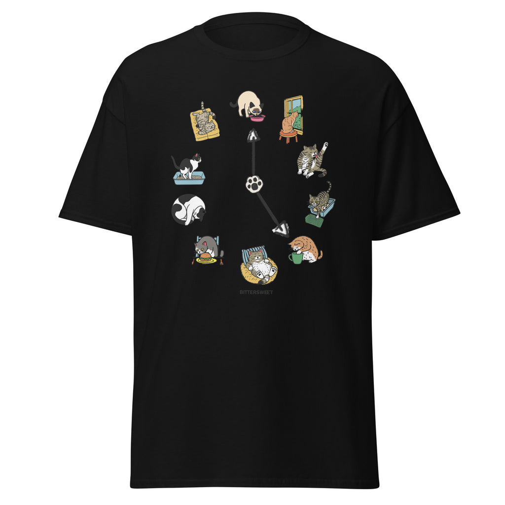 Front view of Cat O’Clock graphic tee in white — cute cat design