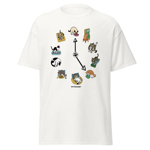 Front view of Cat O’Clock graphic tee in black — Bittersweet Illustration