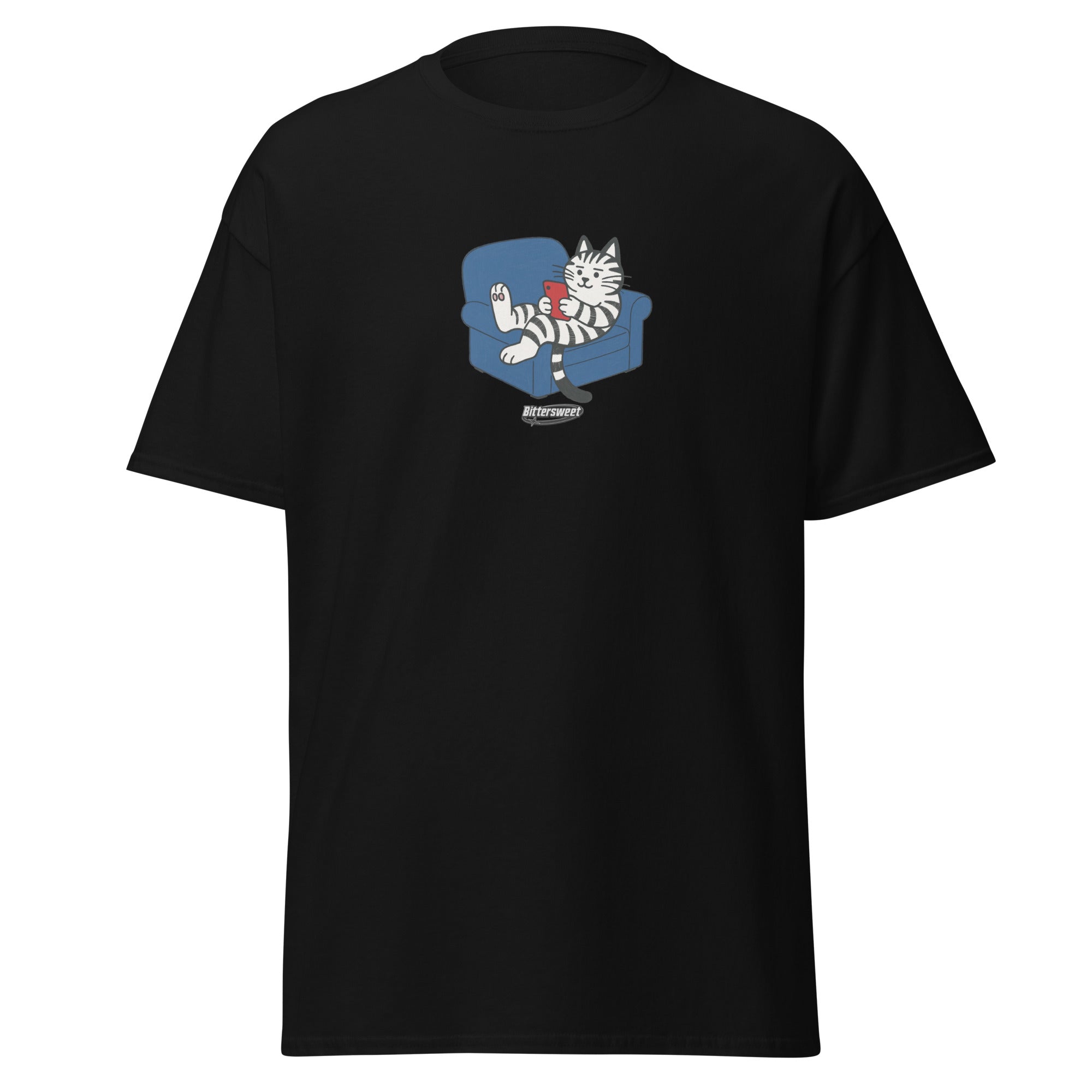 Front view of cat graphic tee with phone illustration in black — Bittersweet Illustration