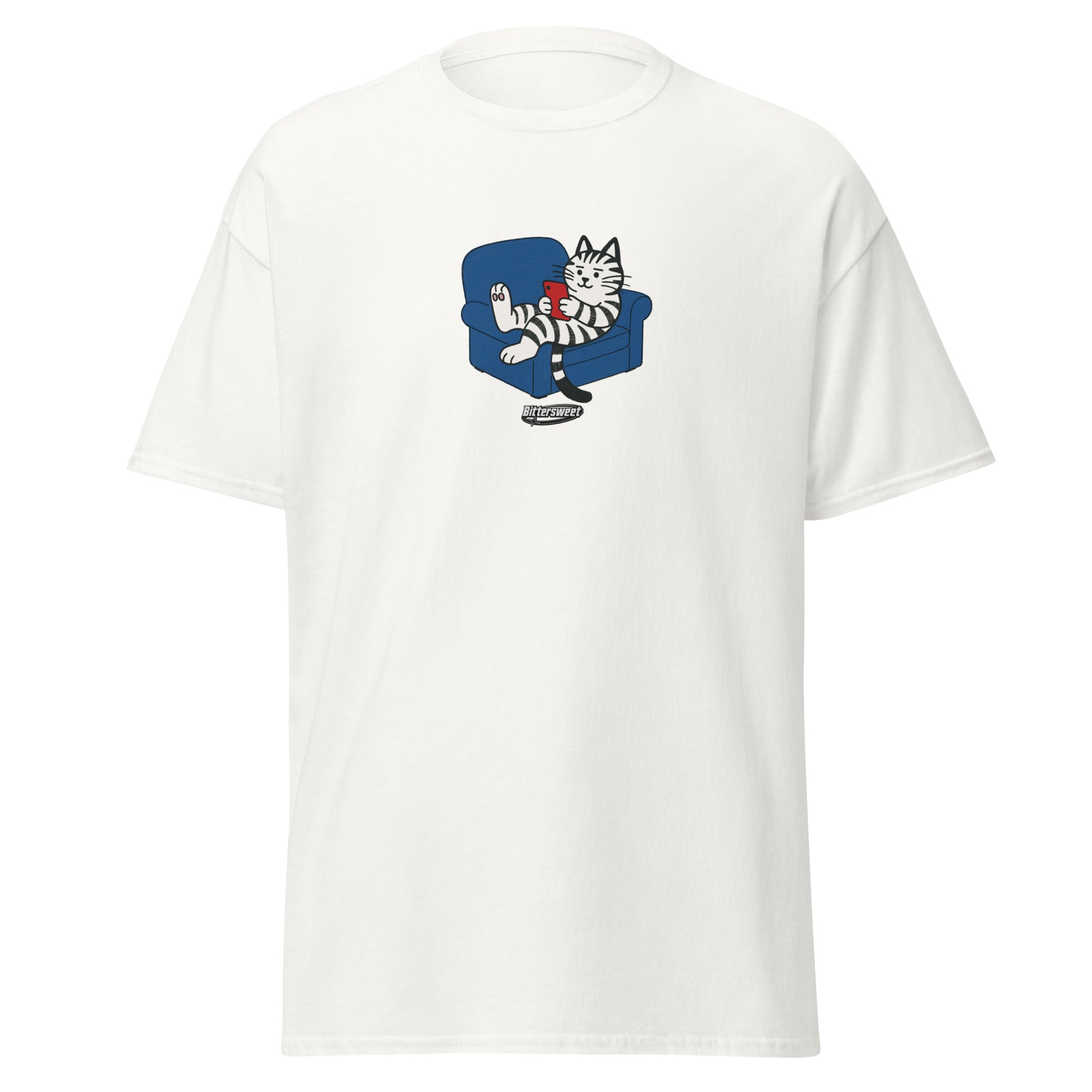 Front view of cat playing phone graphic tee in white — Bittersweet Illustration