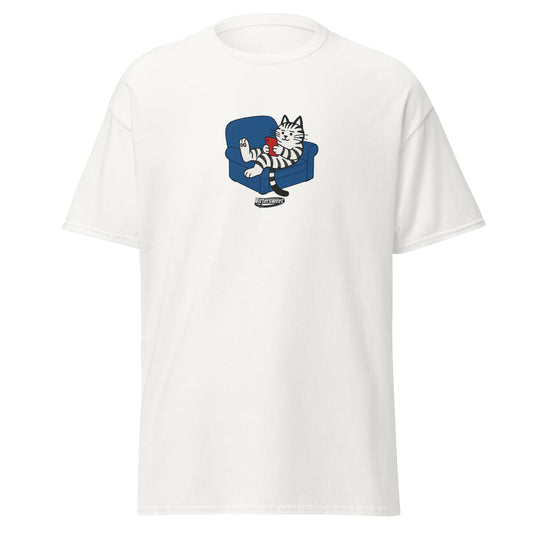Front view of cat playing phone graphic tee in white — Bittersweet Illustration