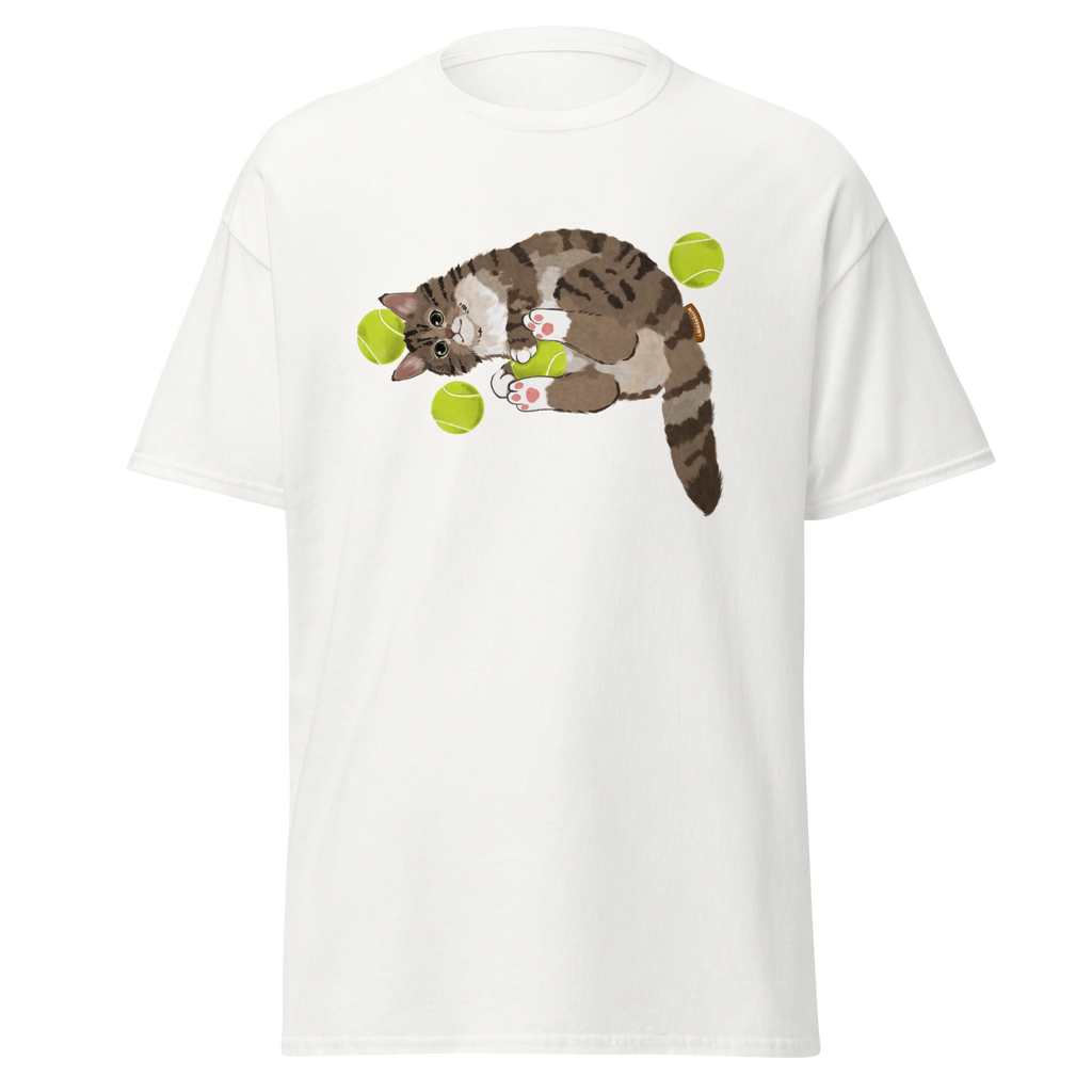 Black cat tennis graphic t-shirt front view — heavy cotton