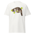 Black cat tennis graphic t-shirt front view — heavy cotton