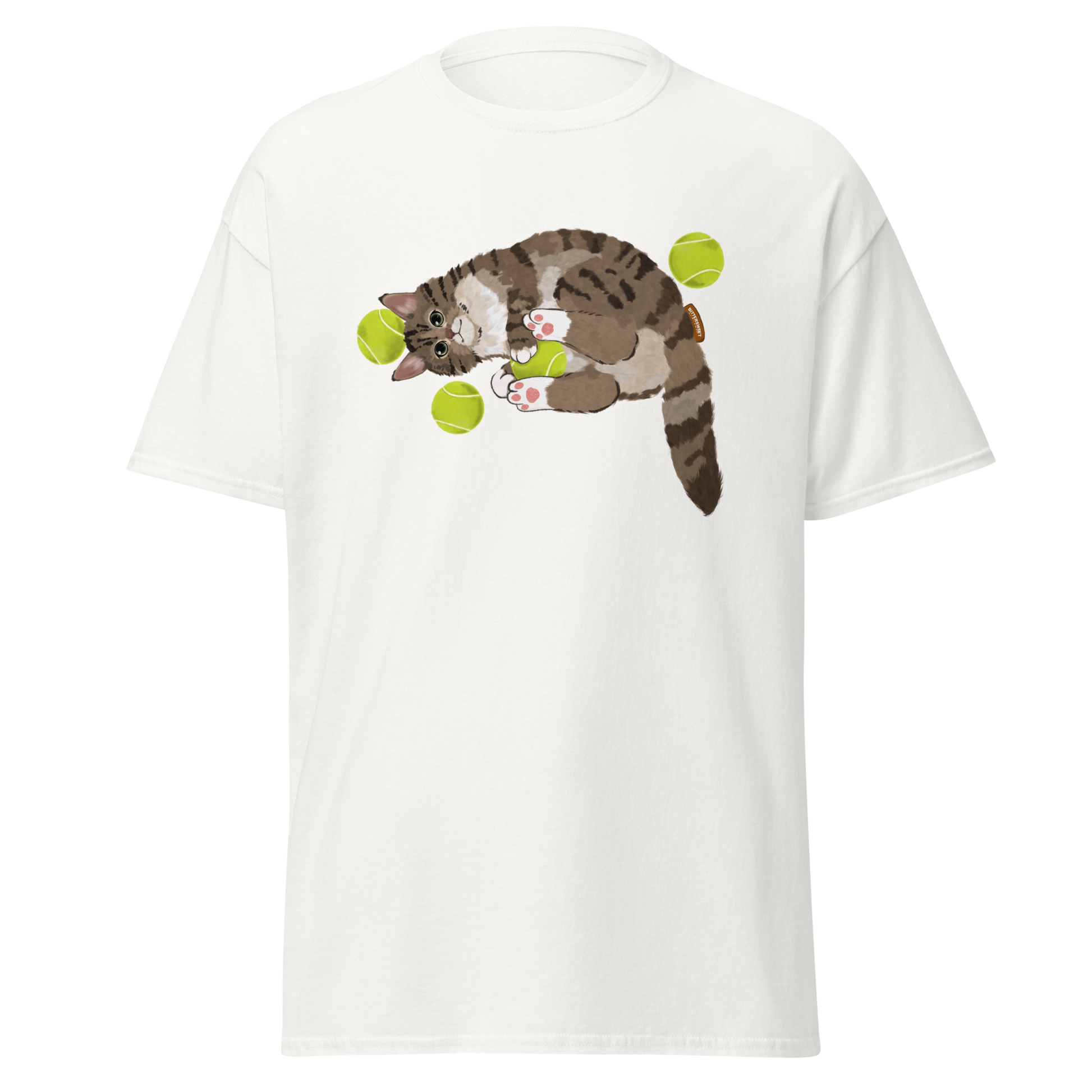 Black cat tennis graphic t-shirt front view — heavy cotton
