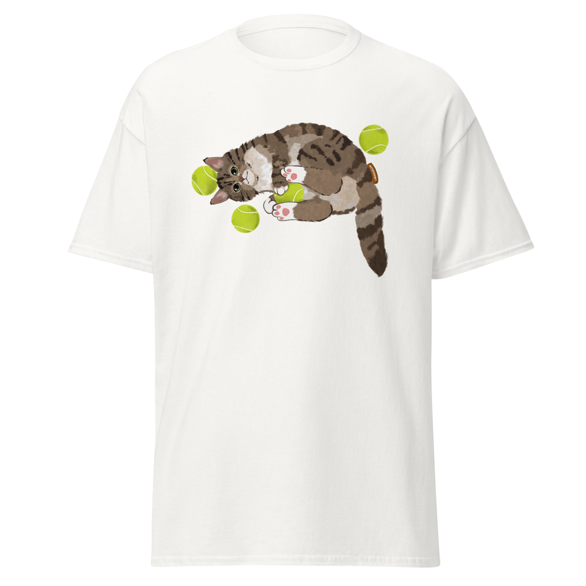 Black cat tennis graphic t-shirt front view — heavy cotton