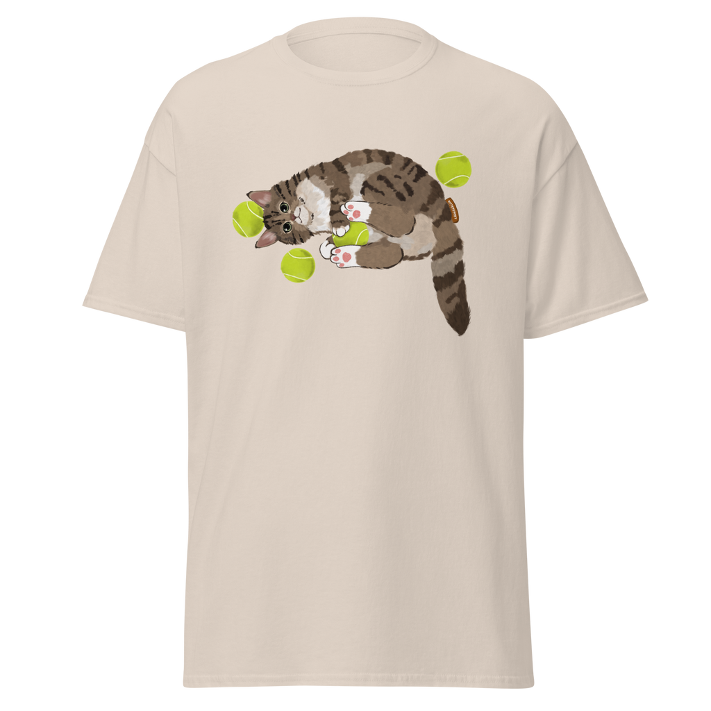 Cat tennis graphic tee front view in white — unisex sport style t-shirt
