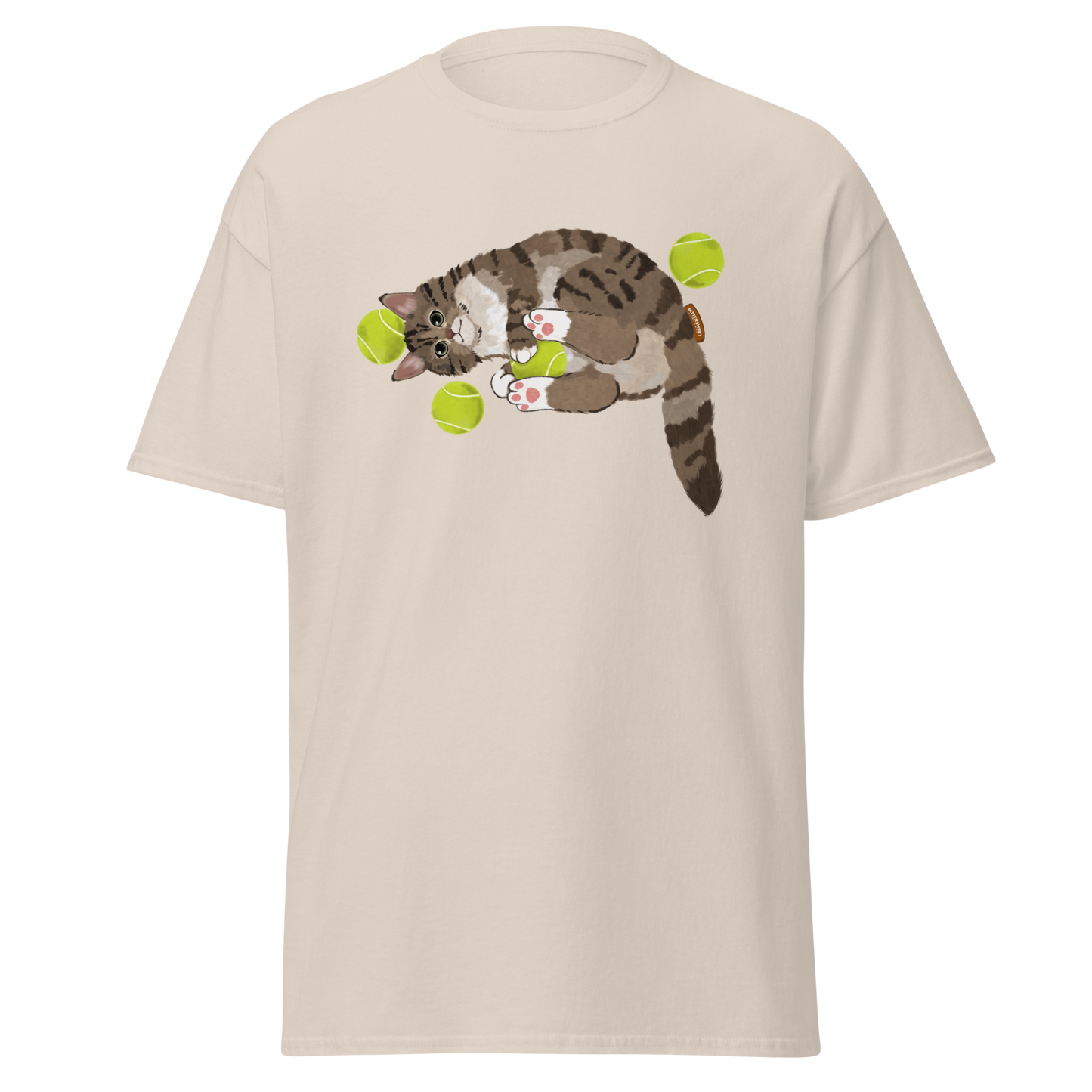 Cat tennis graphic tee front view in white — unisex sport style t-shirt