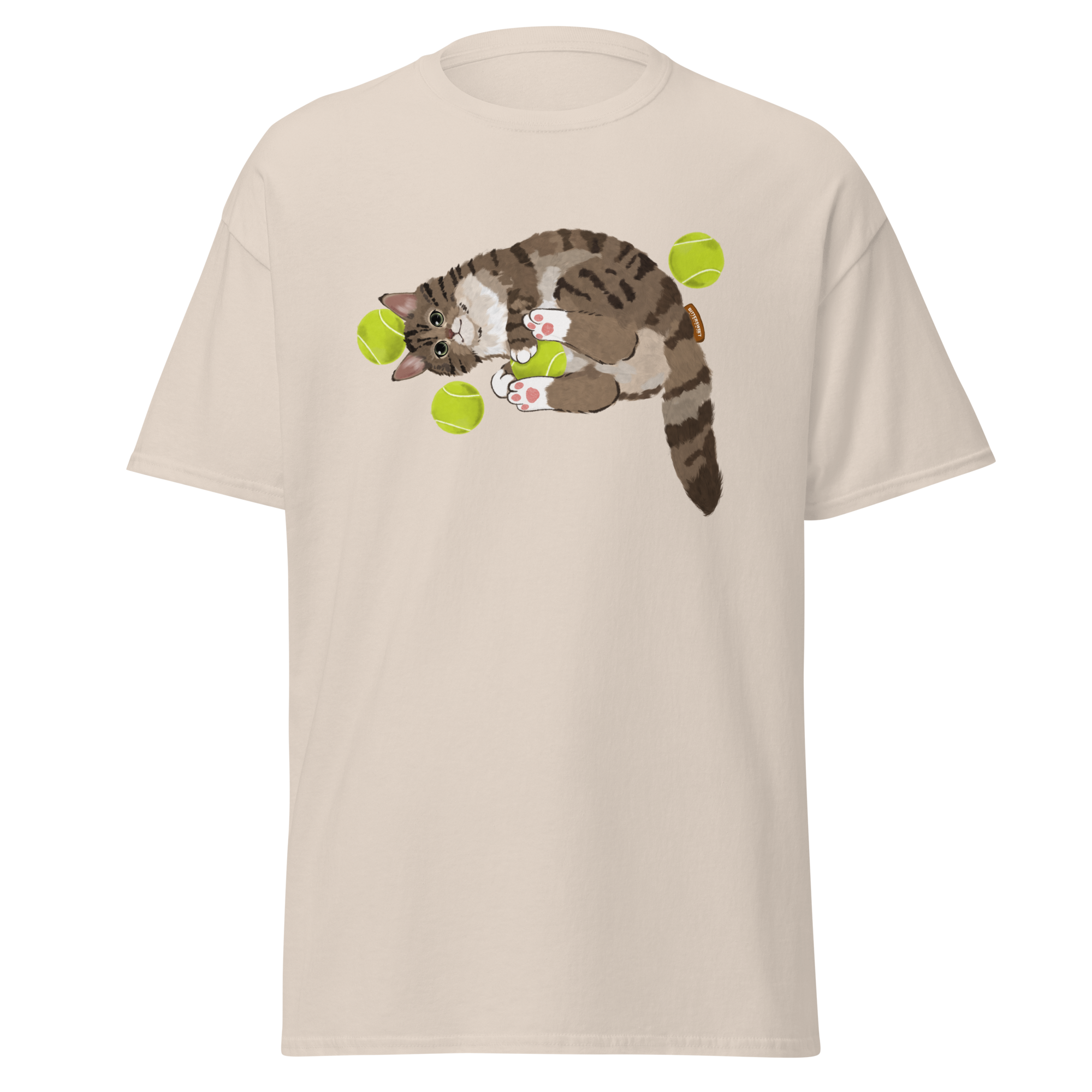 Cat tennis graphic tee front view in white — unisex sport style t-shirt