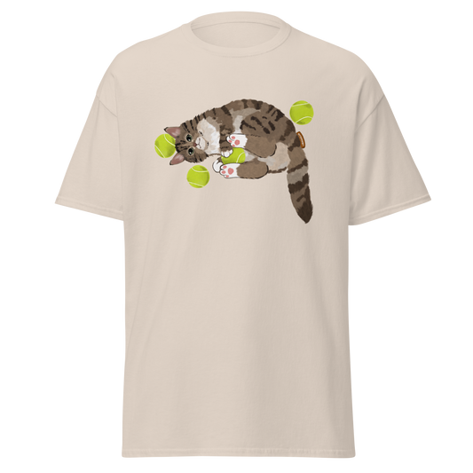 Cat tennis graphic tee front view in white — unisex sport style t-shirt
