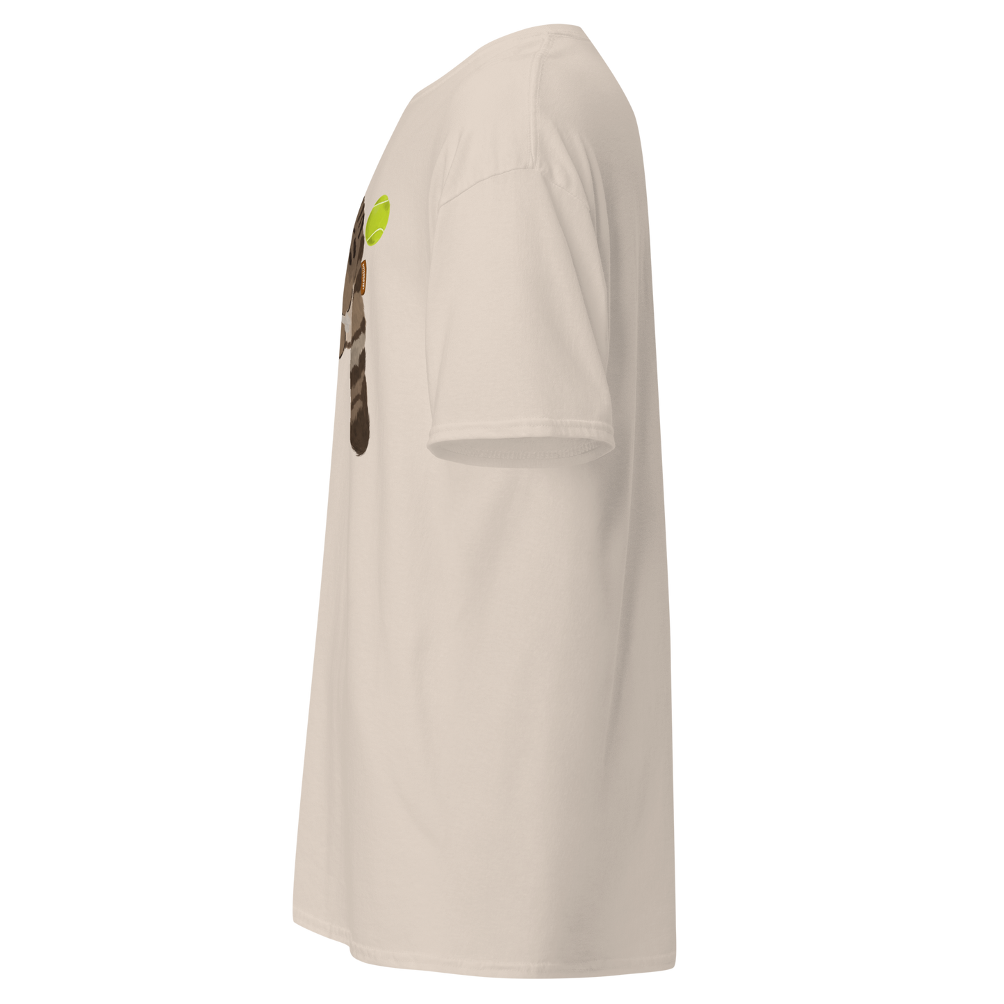 Left side view white cat tennis t-shirt with graphic print