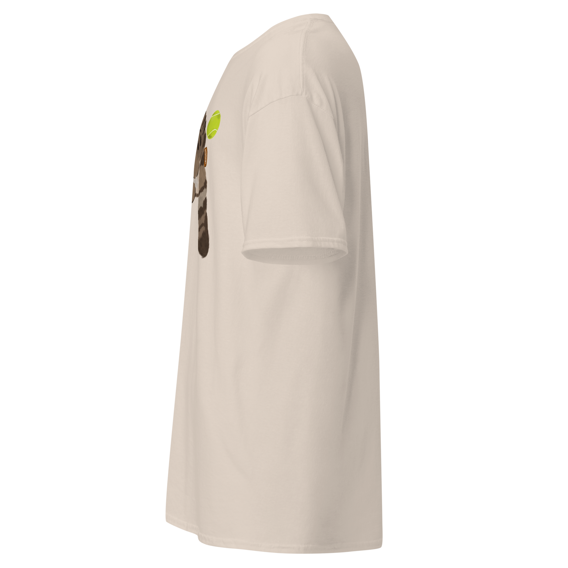 Left side view white cat tennis t-shirt with graphic print