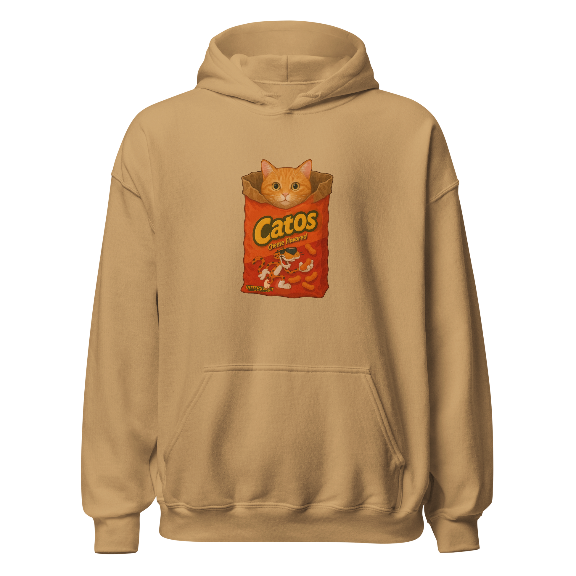 Funny cat graphic printed hoodie by Bittersweet Illustration – unisex heavy cotton streetwear style in beige.