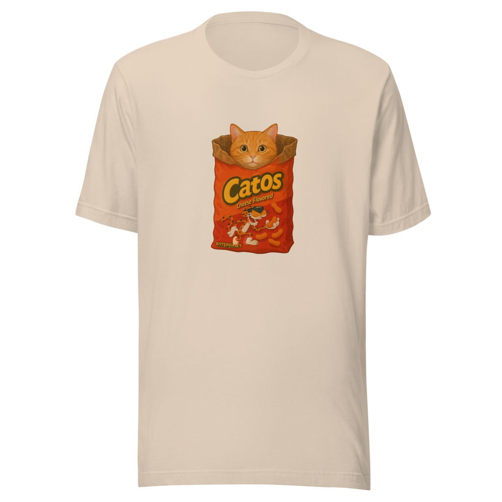 Beige unisex cat graphic t-shirt by Bittersweet Illustration – cute funny Cheetos-style print.