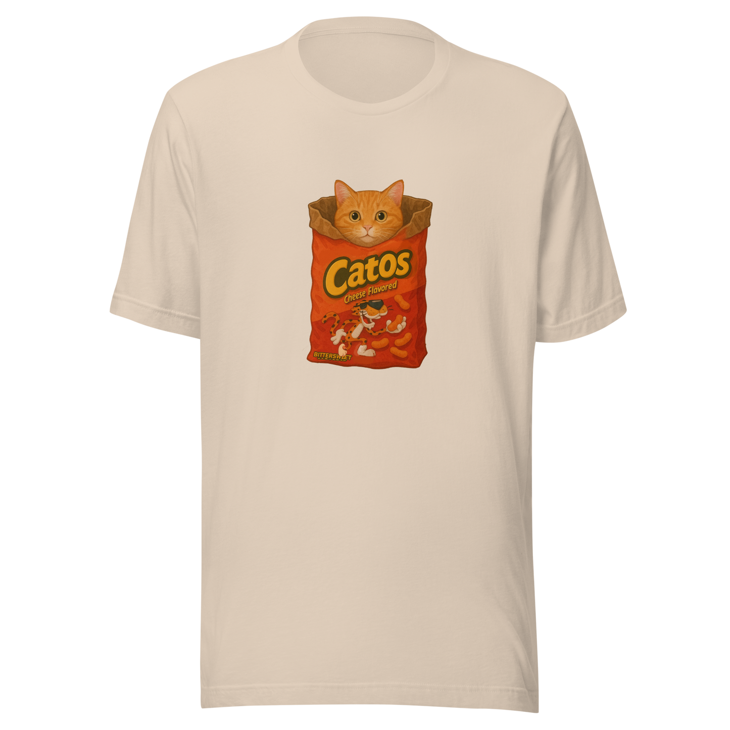 Beige unisex cat graphic t-shirt by Bittersweet Illustration – cute funny Cheetos-style print.