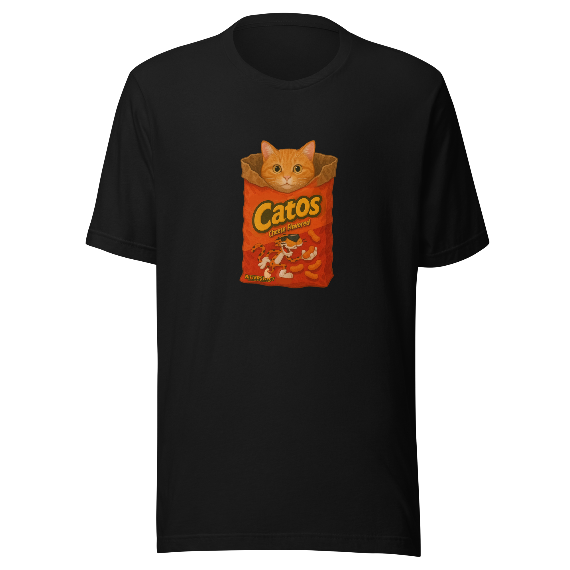 Black Cheetos cat graphic tee – unisex heavy cotton streetwear t-shirt by Bittersweet Illustration.