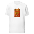 White Cheetos-inspired cat graphic printed tee – funny unisex t-shirt by Bittersweet Illustration.