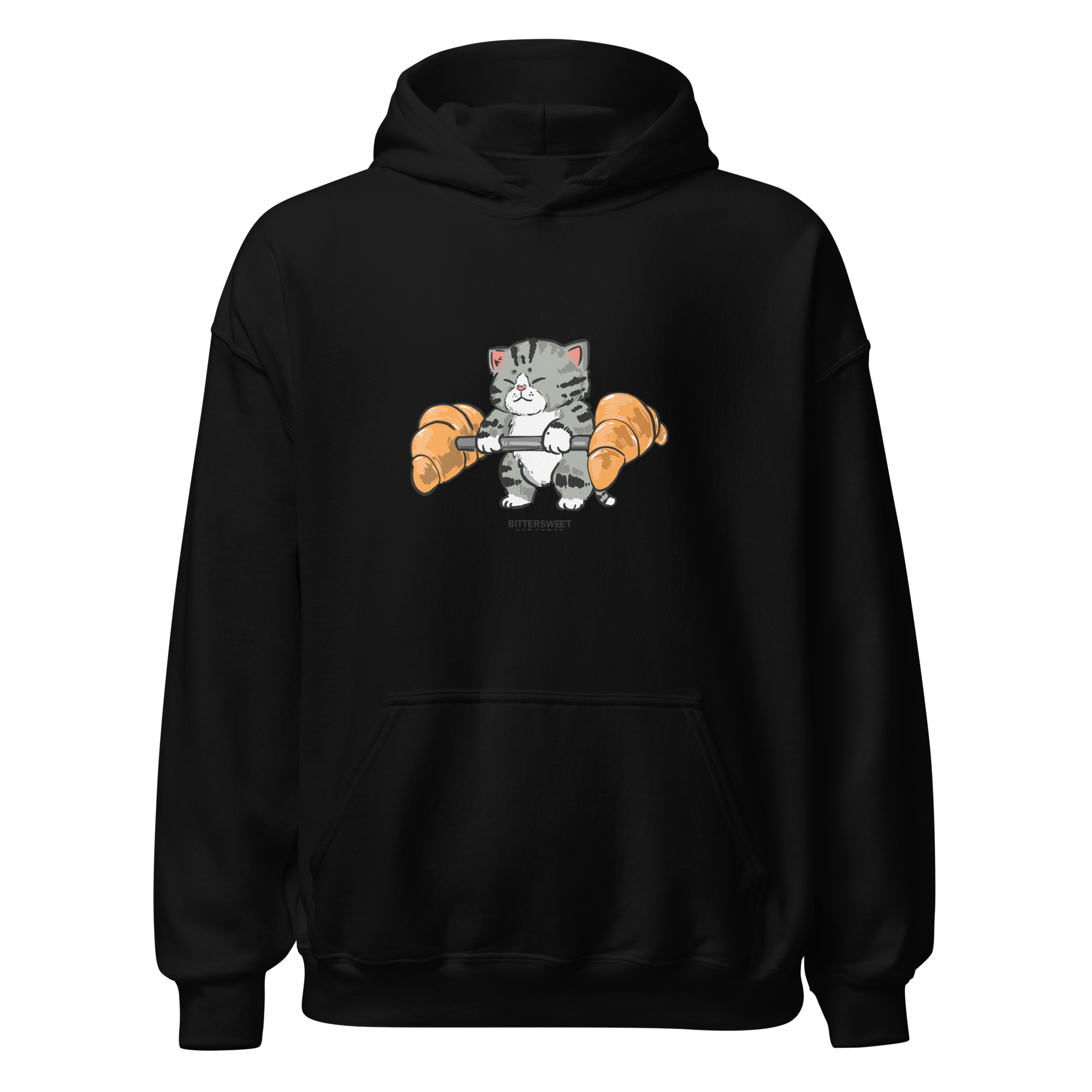 Unisex black heavyweight hoodie with croissant graphic print – Bittersweet Illustration