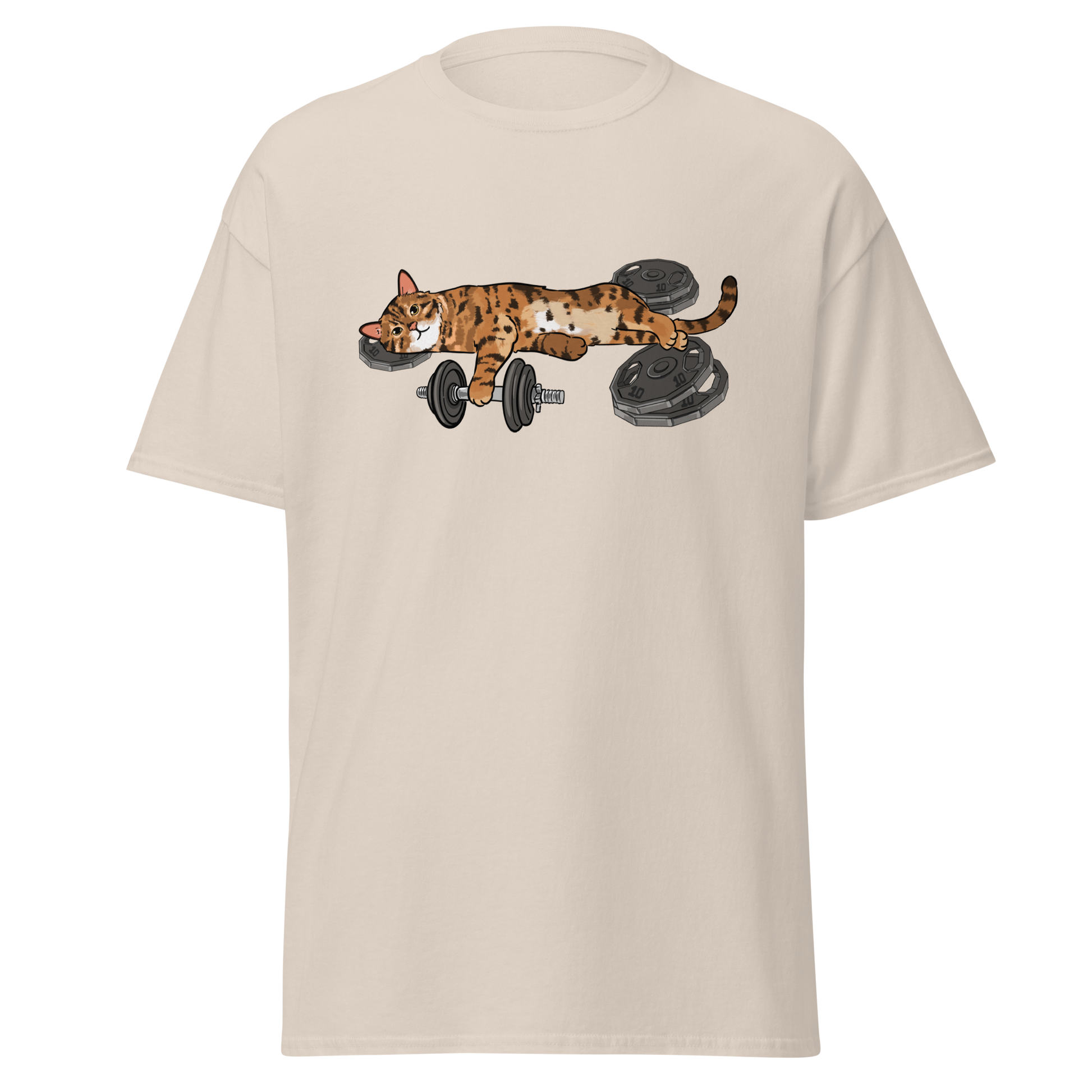 Beige workout cat graphic t-shirt for gym lovers and cat lovers