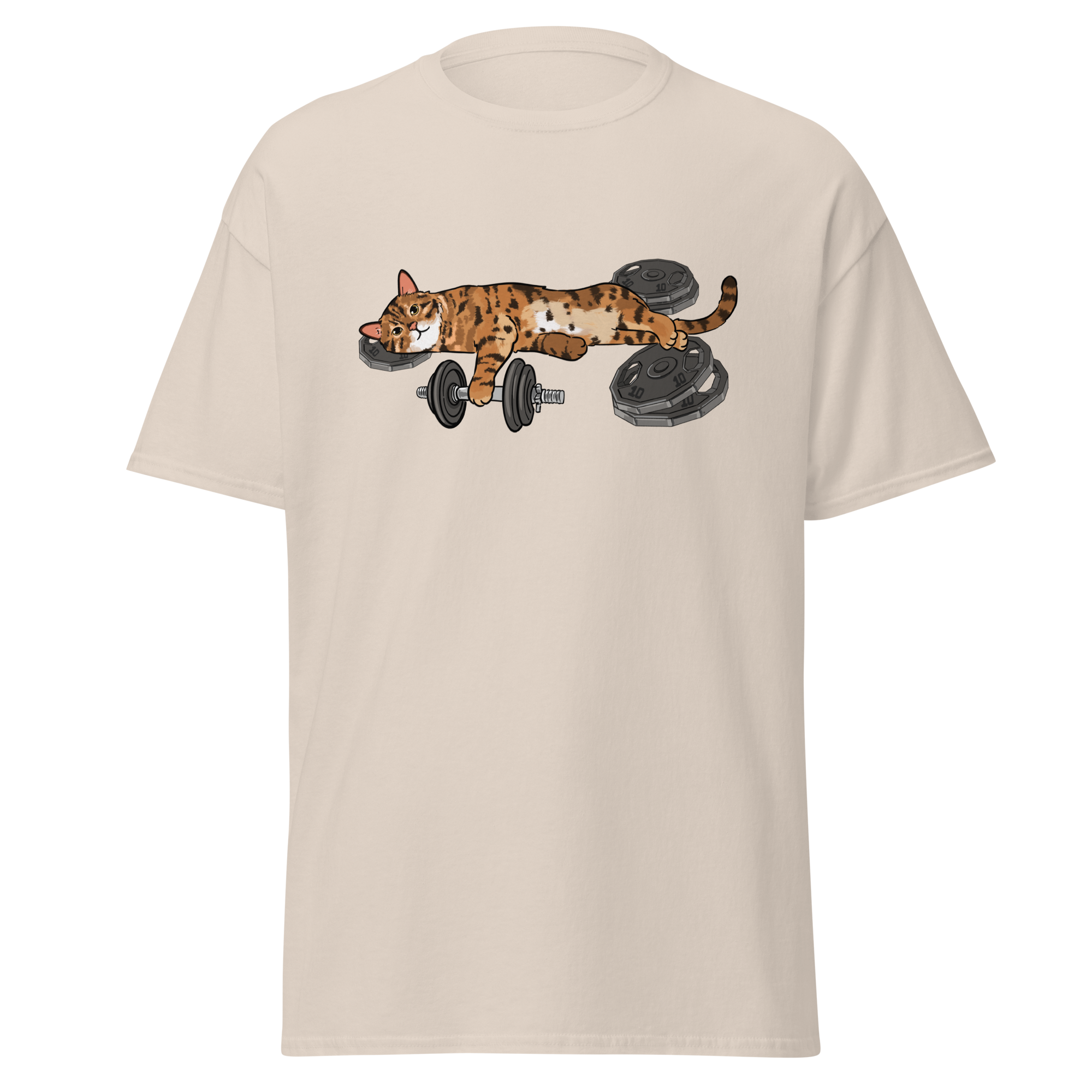 Beige workout cat graphic t-shirt for gym lovers and cat lovers