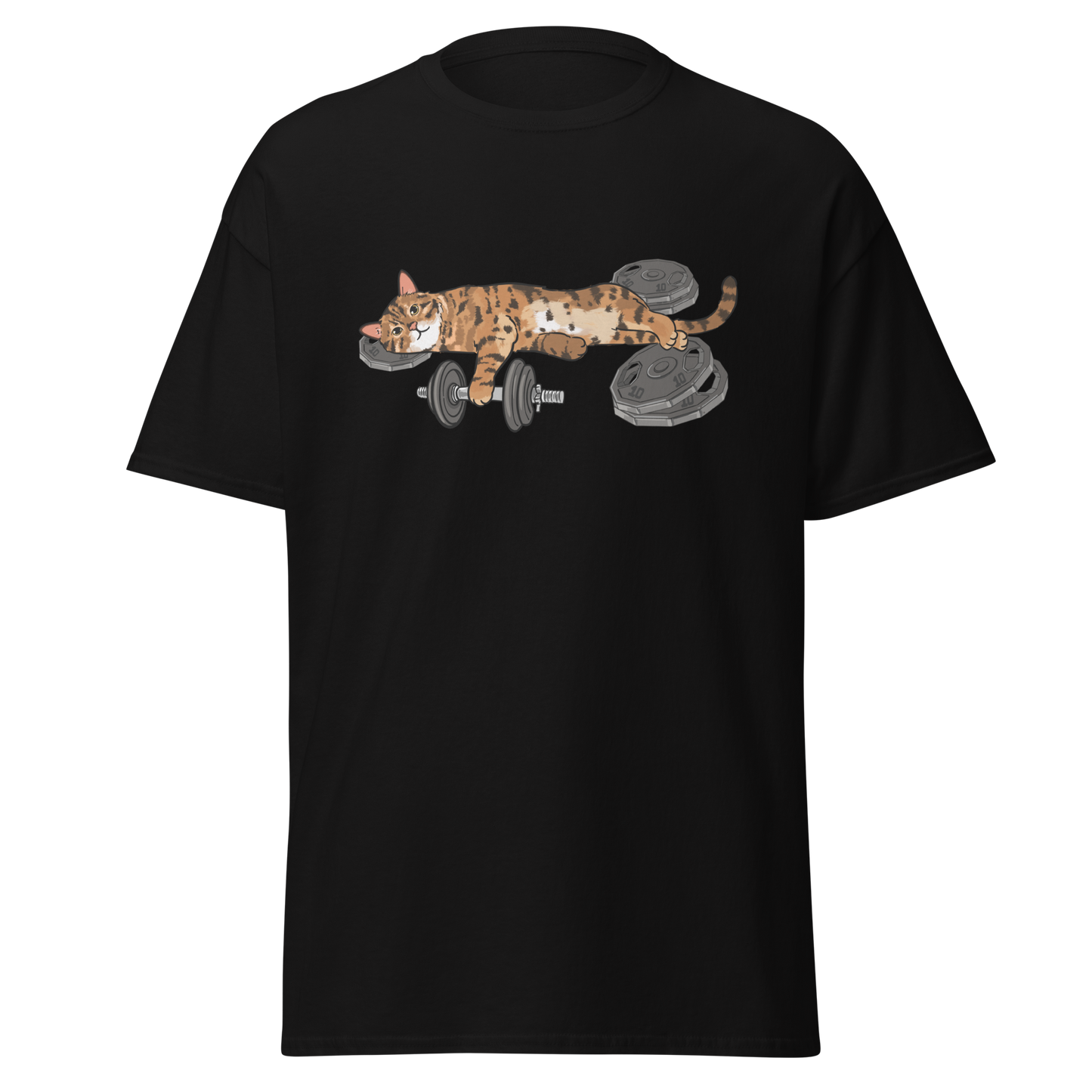 Black graphic tee featuring strong gym cat illustration by Bittersweet Illustration