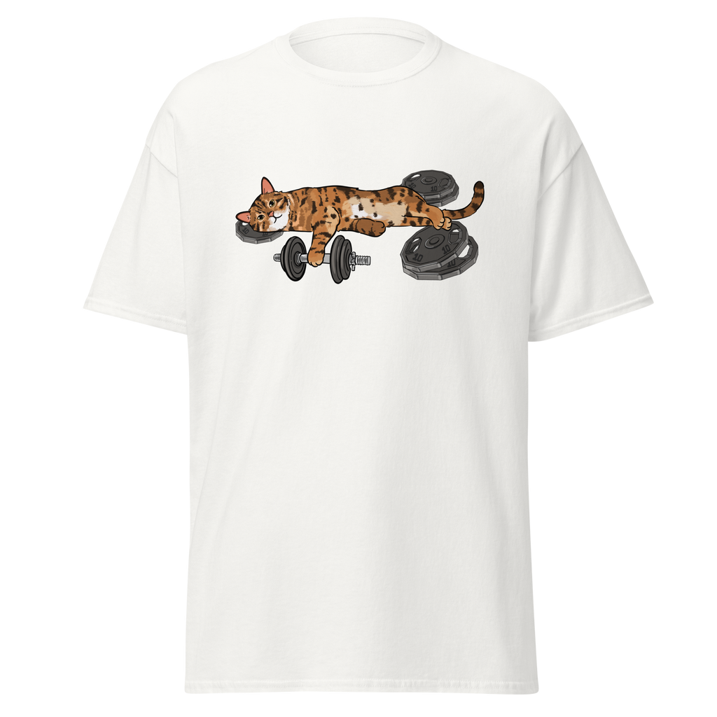 White athletic cat graphic printed tee with cute lifting cat
