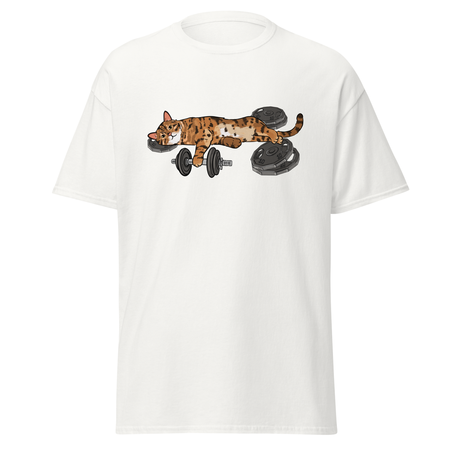 White athletic cat graphic printed tee with cute lifting cat