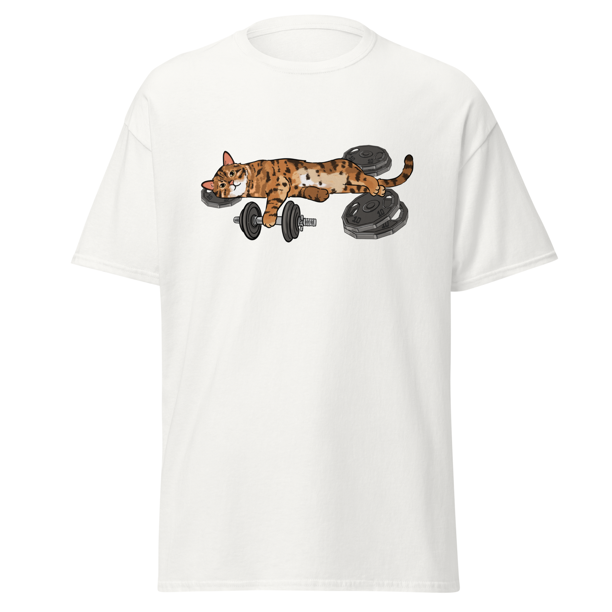 White athletic cat graphic printed tee with cute lifting cat